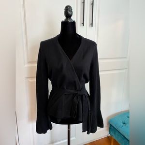 J Crew black wrap bell sleeve cardigan sweater with waist tie size medium